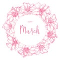 Inscription Happy March on background with hand drawn flowers. Royalty Free Stock Photo