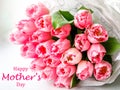 Inscription Happy mothers day with bunch of light gentle pink Fringed Mascotte tulip, bouquet flowers Royalty Free Stock Photo