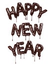 Inscription Happy New Year is made of melted chocolate on white background Royalty Free Stock Photo