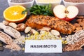 Inscription hashimoto with products and ingredients containing vitamins for healthy thyroid