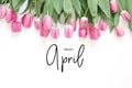 Inscription Hello April. Tulip flower. Royalty Free Stock Photo
