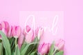 Inscription Hello April. Tulip flower. Royalty Free Stock Photo