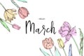 Inscription Hello March on background with hand drawn flowers. Royalty Free Stock Photo