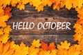 Inscription Hello October on a wooden background with a frame of orange maple leaves Royalty Free Stock Photo