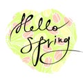 The inscription `hello, spring` against a background of yellow and pink tulips. Royalty Free Stock Photo