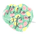 The inscription `hello, spring` against a background of yellow and pink tulips. Royalty Free Stock Photo