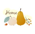 the inscription house and autumn fruits. pear, apple and rosehip berries Royalty Free Stock Photo