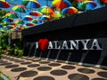 The inscription I love Alanya in a sun umbrella street at Cleopatra beach of Alanya.