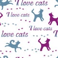 Inscription I love cats, footprints and cats seamless pattern Royalty Free Stock Photo