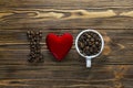 The inscription `I love coffee` made of coffee beans and a red heart