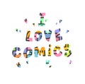 The inscription I love comics. Drawn font with hearts. Isolated on a white background. Modern style