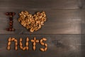 I love nuts, Inscription from nuts, walnuts, almonds and hazelnuts Royalty Free Stock Photo