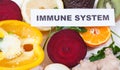 Inscription immune system and fresh fruits with vegetables. Source natural vitamins and minerals. Beneficial eating in times of