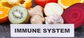 Inscription immune system with fruits and vegetables. Source vitamins, minerals and dietary fiber