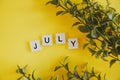 The inscription july on the letters of the keyboard on a yellow background with branches flowers