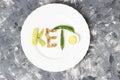 Inscription Keto made of nuts, eggs and avocado. Ketogenic diet concept