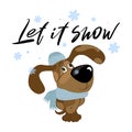 The inscription `Let it snow`. A dog at the snowflakes.