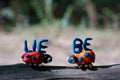 The inscription love in German. Next to it are two figures of ladybirds made of plasticine Royalty Free Stock Photo