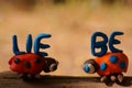 The inscription love in German. Next to it are two figures of ladybirds made of plasticine Royalty Free Stock Photo