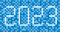 The inscription 2023 made of blue square pixels. New Year`s holiday.