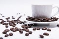 Inscription made of coffee beans on white background next to a cup of coffee Royalty Free Stock Photo