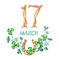 The inscription `March 17`, a horseshoe and a frame of clover, St. Patrick`s Day greeting card