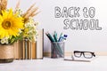 The inscription marker on a white board, Back to School. A table with books, a bouquet of flowers, glasses and attributes for Royalty Free Stock Photo