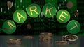 Inscription Market in gilded letters on the background of symbols of coins and the stock exchange board. 3D rendering. Royalty Free Stock Photo