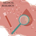 Inscription-medical research. A beaker, a magnifying glass, a drop of blood, the Covind-19 virus. Background