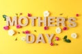Inscription Mother`s day on with roses on color background