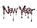 Inscription New Year with dripping drops is made of melted chocolate on white background