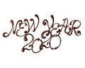 Inscription New Year 2020 made of chocolate elegant font with swirls, isolated on white background Royalty Free Stock Photo