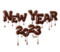 Inscription New Year 2023 is made of melted chocolate isolated on white background Royalty Free Stock Photo