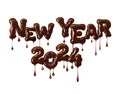 Inscription New Year 2024 is made of melted chocolate isolated on white background Royalty Free Stock Photo