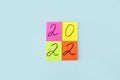 Inscription numbers 2022 on colorful stickers. New year concept. Sticky note, copy space for text Royalty Free Stock Photo