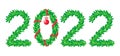 The inscription 2022, the numbers are depicted in the form of a Christmas tree and wreath. Happy new year 2022 Royalty Free Stock Photo