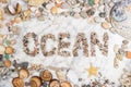 Inscription ocean with pebbles, star, stones and shells lying on a marble background, composition of ocean stones and seashells, w