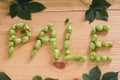 The inscription pale with hop cones on wooden background with le