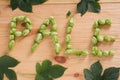 The inscription pale with hop cones on wooden background with le