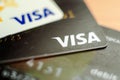 The inscription on the plastic card Visa close-up - Ukraine, Izmail, 15.05.2022 Royalty Free Stock Photo