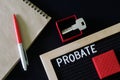 The inscription probate on a black board next to a notepad, pen and key in a red gift box. The concept of unexpected inheritance Royalty Free Stock Photo