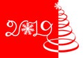 Inscription of 2019 on a red background. Fashion style for Happy New Yearwith the inscription 2019 with snowflakes,christmas tree