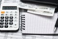 Inscription in Russian - fiscal receipt, calculator and financial reports, analysis and accounting, various office items for