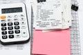 Inscription in Russian - fiscal receipt, calculator and financial reports, analysis and accounting, various office items for