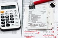 Inscription in Russian - fiscal receipt, calculator and financial reports, analysis and accounting, various office items for