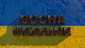 The inscription in rusty letters Bucha Ukraine on the Ukrainian flag. Russian aggression 3d renering