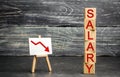 The inscription `salary` and the red arrow down. lower salary, wage rates. demotion, career decline. lowering the standard of livi Royalty Free Stock Photo