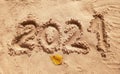 2021 inscription on the sand of the beach. Summer beach holidays in 2021. The message is handwritten Royalty Free Stock Photo