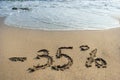 Inscription on the sand minus thirtyfive percent, 35 %, the sea Royalty Free Stock Photo