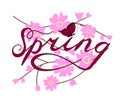 The inscription Spring, behind the inscription blooming cherry, at the top is a butterfly. Lettering. Vector graphics.